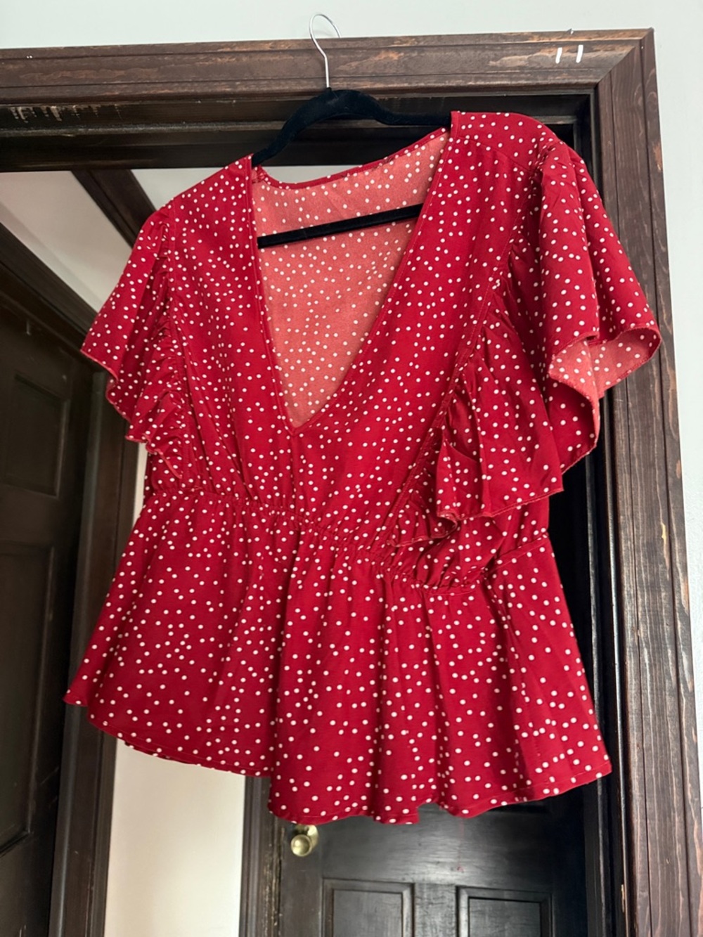 SHEIN Red White Polka Dot V-Neck Flutter Sleeve Peplum Top